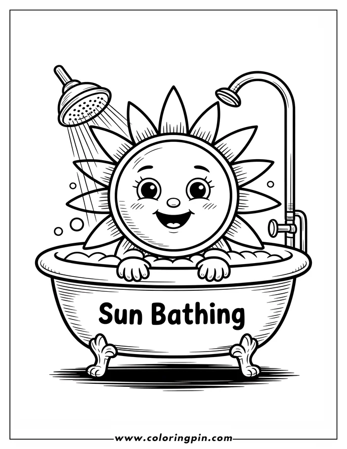 Cartoon sun bathing coloring page, a cute outline drawing for kids, free and printable.