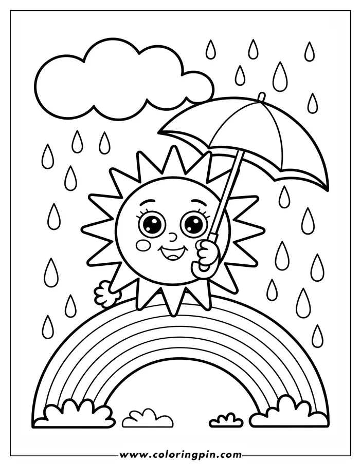 Cute cartoon sun on a rainbow coloring page, a simple weather-themed printable coloring sheet for kids and toddlers.