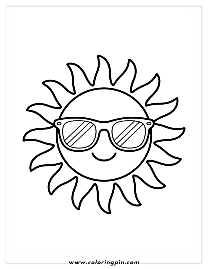 Smiling sun wearing sunglasses coloring page, a simple and cute summer printable for kids and adults.