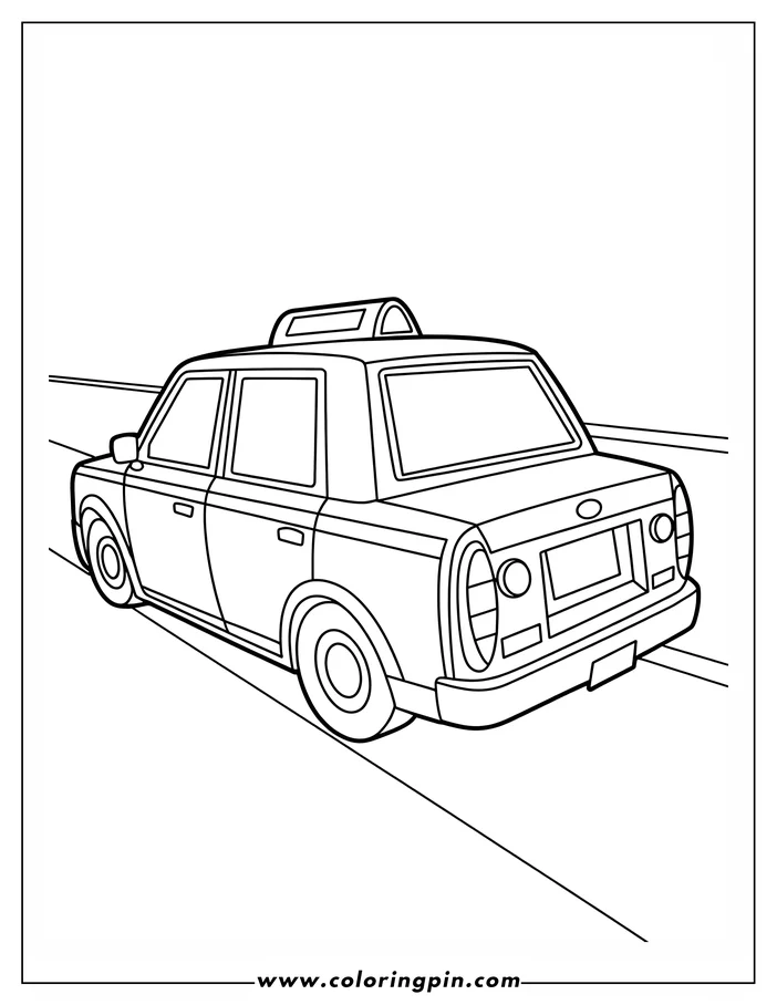 Line art of a taxi cab, shown from the back at an angle.