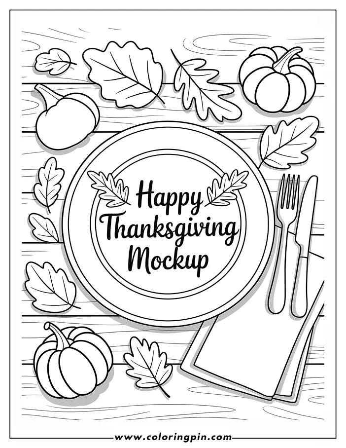 Line art of a Thanksgiving dinner table setting. A plate with "Happy Thanksgiving Mockup" is at the center, surrounded by pumpkins, autumn leaves, a folded napkin, a fork, and a knife. The image is a simple outline drawing designed for coloring.