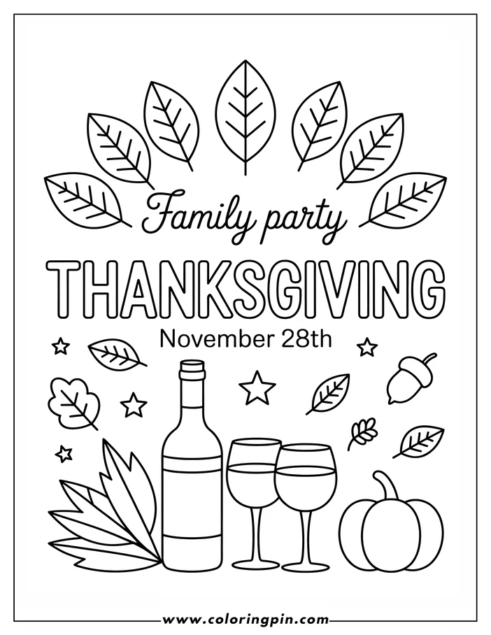 Thanksgiving-themed coloring page: Outlines depict a bottle of wine, two wine glasses, a pumpkin, and an acorn amidst autumn leaves and stars. The words "Family Party Thanksgiving" are prominently displayed.