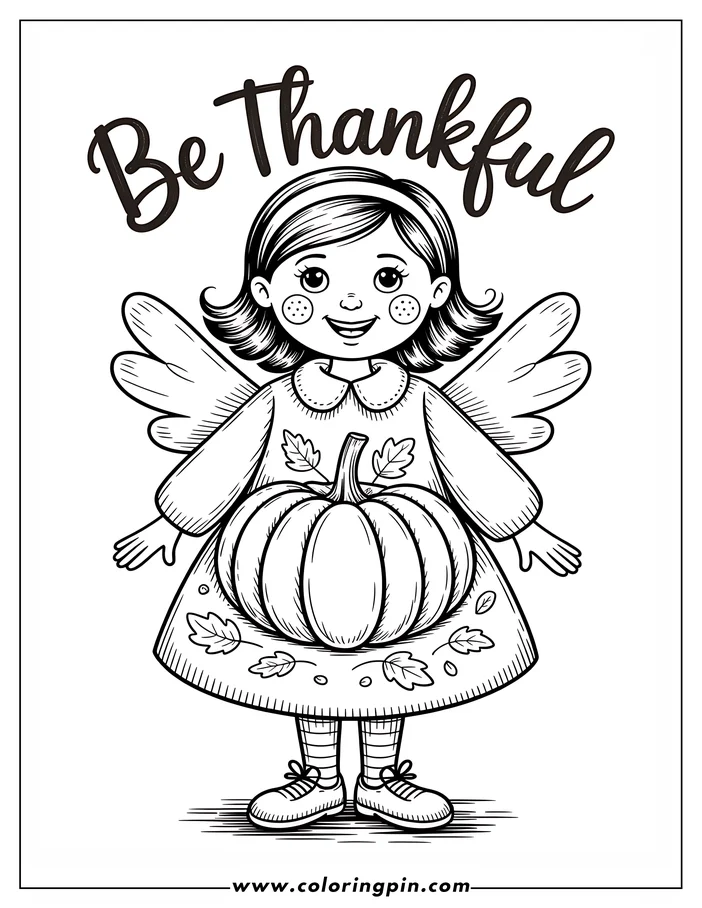 Line art of a girl with wings holding a pumpkin, designed as a Thanksgiving coloring sheet. She wears a dress adorned with leaves and has rosy cheeks. The words "Be Thankful" appear above her head.