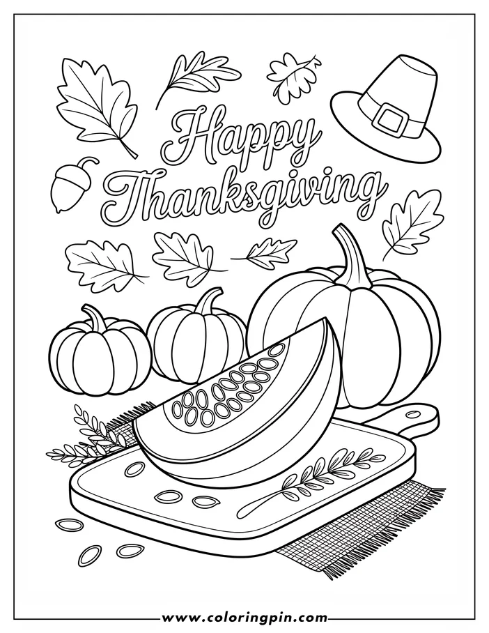 Thanksgiving-themed coloring page showcasing a festive arrangement of pumpkins, a slice of pie, autumn leaves, an acorn, and a pilgrim's hat.  The phrase "Happy Thanksgiving" is prominently displayed, adding to the celebratory ambiance of this simple line art design.