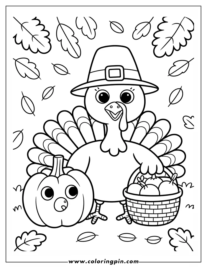 Line art of a Thanksgiving turkey wearing a pilgrim's hat.  The turkey stands next to a basket of apples and a large pumpkin, with falling autumn leaves in the background. This is a design for a coloring sheet.