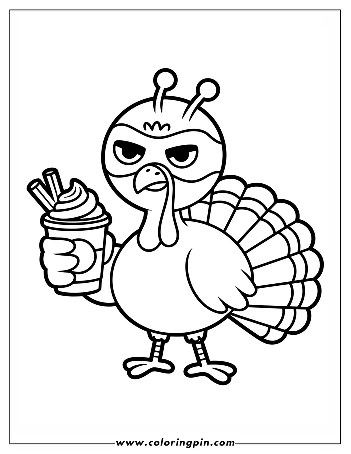 Line art of a Thanksgiving turkey holding a milkshake with whipped cream and straws. The turkey wears a simple mask and has a slightly serious expression. Its large tail feathers fan out behind it, ready for coloring.