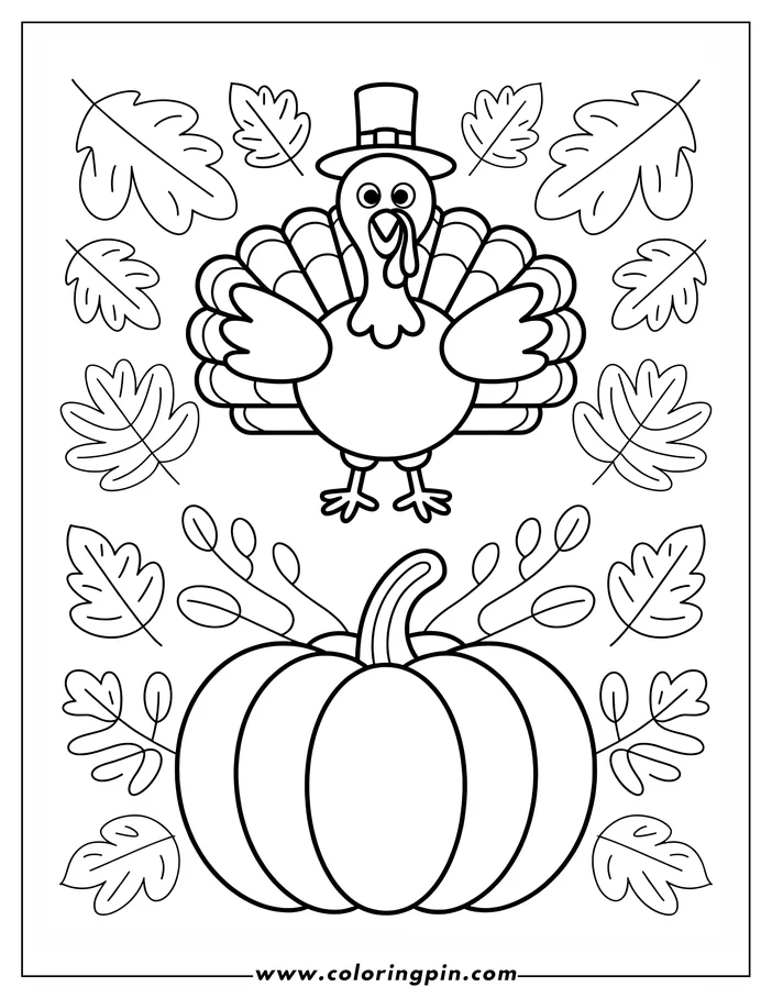 Thanksgiving-themed coloring page showing a turkey in a pilgrim's hat above a pumpkin. Simple line art drawing with fall leaves around the main subjects, perfect for kids' coloring activities.