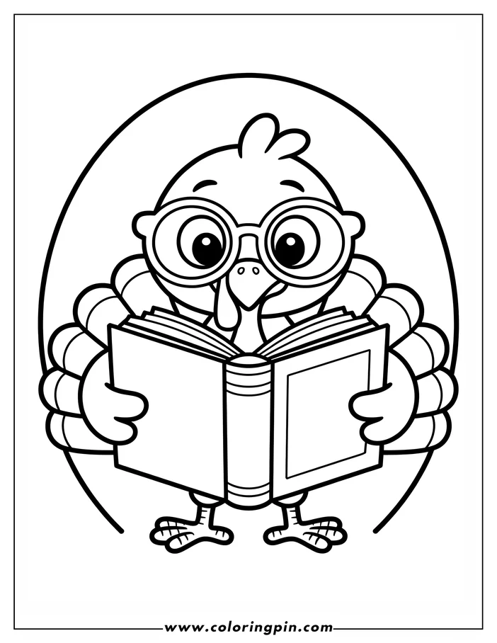 Line art of a Thanksgiving turkey wearing glasses and reading a book. The turkey stands with an open book in its hands, its large eyes visible above the pages.  A simple background shape curves behind the turkey. This image is a coloring sheet design.