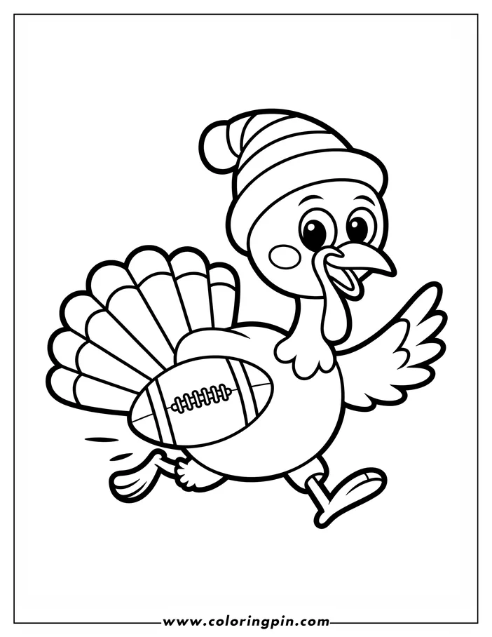 Line art of a Thanksgiving turkey running with a football. The turkey wears a striped beanie and has a wide, fanned tail. This cheerful, cartoon-style bird is designed as a coloring page for children.