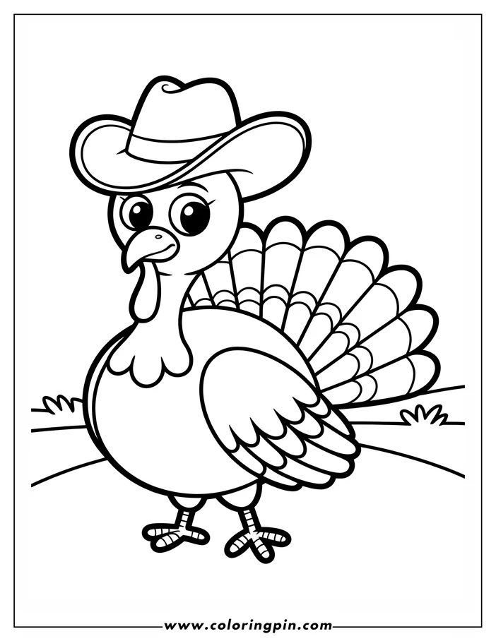 Line art of a Thanksgiving turkey wearing a cowboy hat. The turkey has large eyes and a fanned tail. Simple grass tufts are near its feet, and it's ready for coloring.