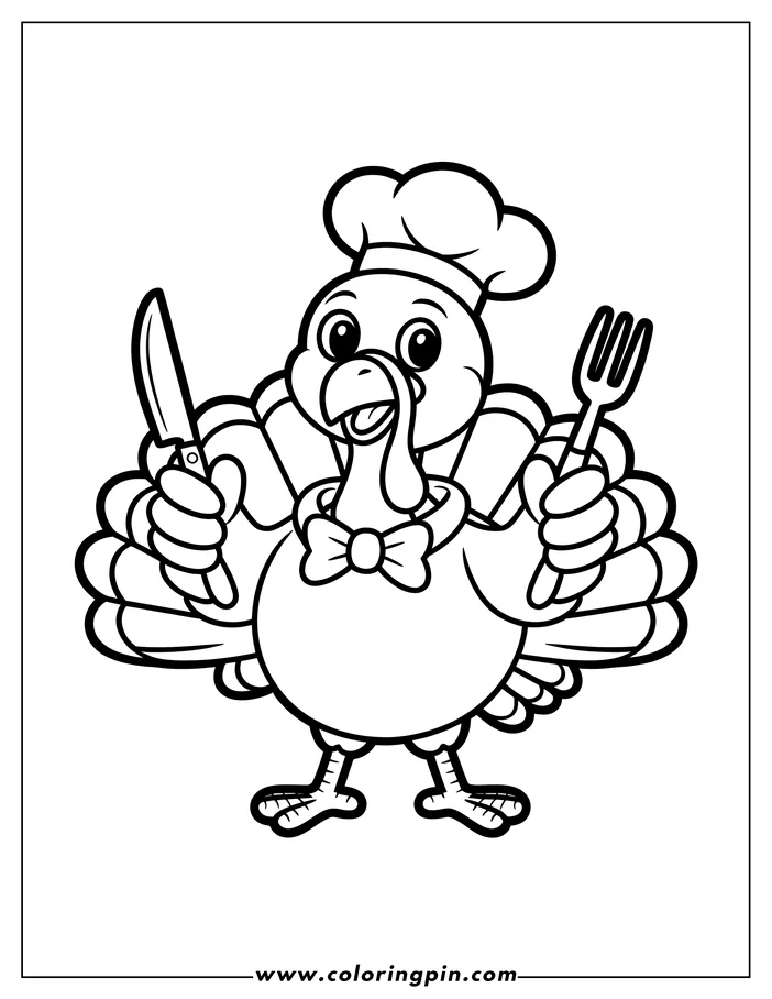Line art of a Thanksgiving turkey, wearing a chef's hat and bow tie, holding a fork and knife. Its tail feathers are fanned out. This is a simple drawing designed as a coloring page.
