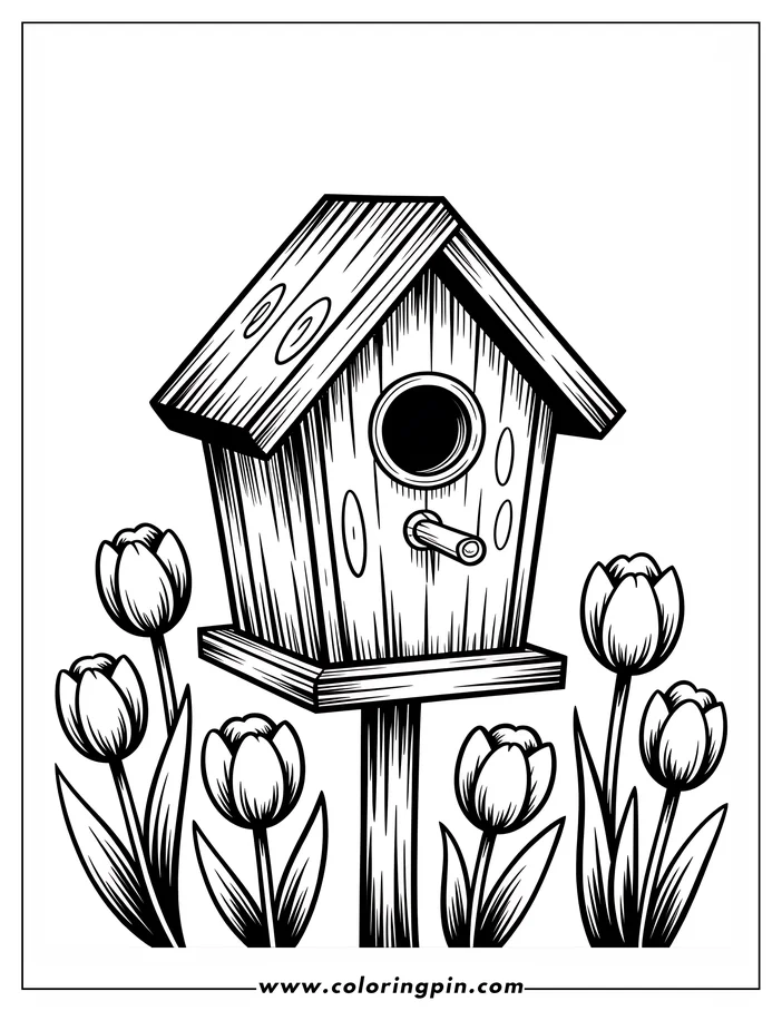 Tulip and birdhouse coloring page, a charming spring printable for kids and adults with flowers and nature theme.