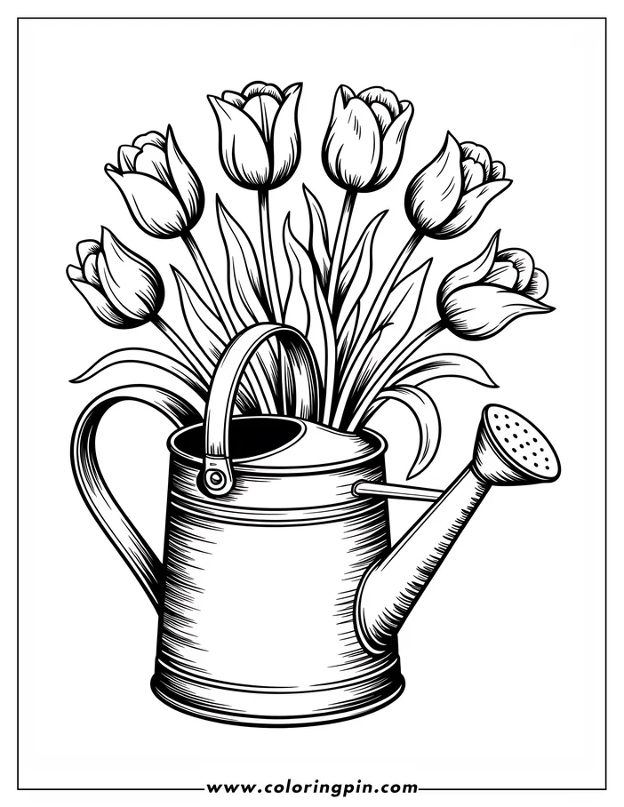 A bouquet of tulips in a watering can coloring page, a simple and elegant printable flower coloring sheet for all ages.