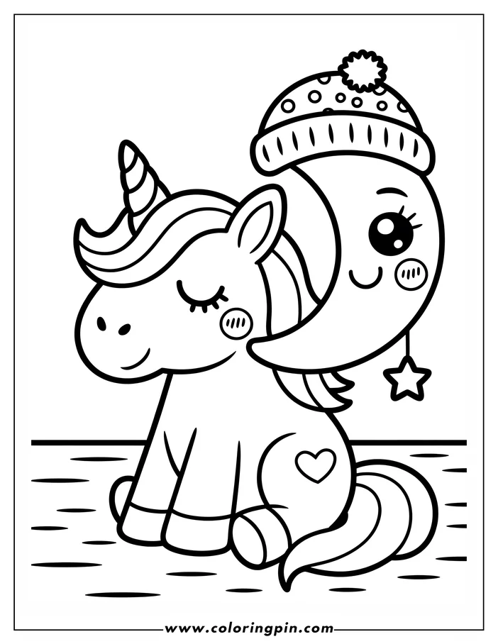 Line art of a kawaii unicorn sitting with a friendly crescent moon. The unicorn has a striped horn, closed eyes, and a heart on its flank. The moon wears a spotted winter hat and dangles a star. This simple coloring page design creates a peaceful, dreamy scene.