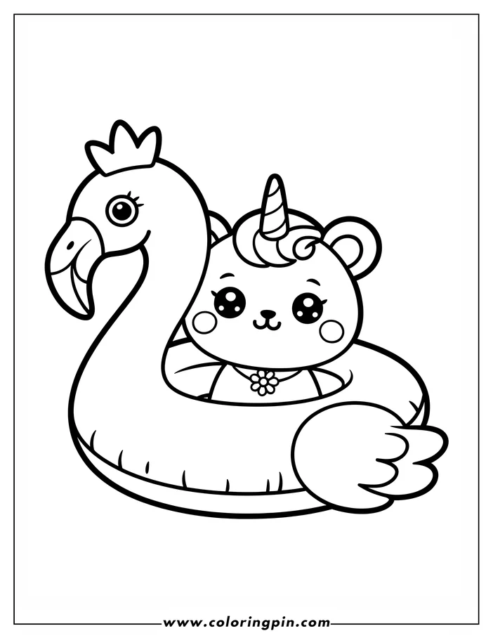 Line art of a kawaii unicorn sitting in a flamingo-shaped pool float. The unicorn has a striped horn, large eyes, and a flower necklace. The flamingo float has a crown and a curved neck. This is a design for a coloring page.