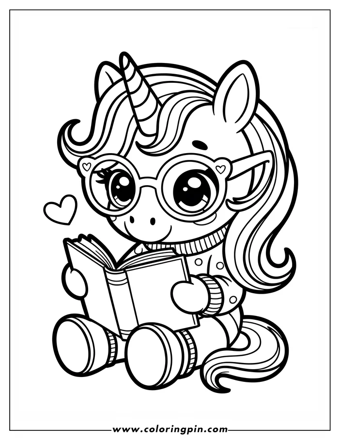 Line art of a unicorn sitting and reading a book. The unicorn wears large, round glasses with hearts and a striped sweater. Its horn, mane, and tail are depicted in flowing lines, and a small heart floats beside its head. This is a design for a coloring sheet.