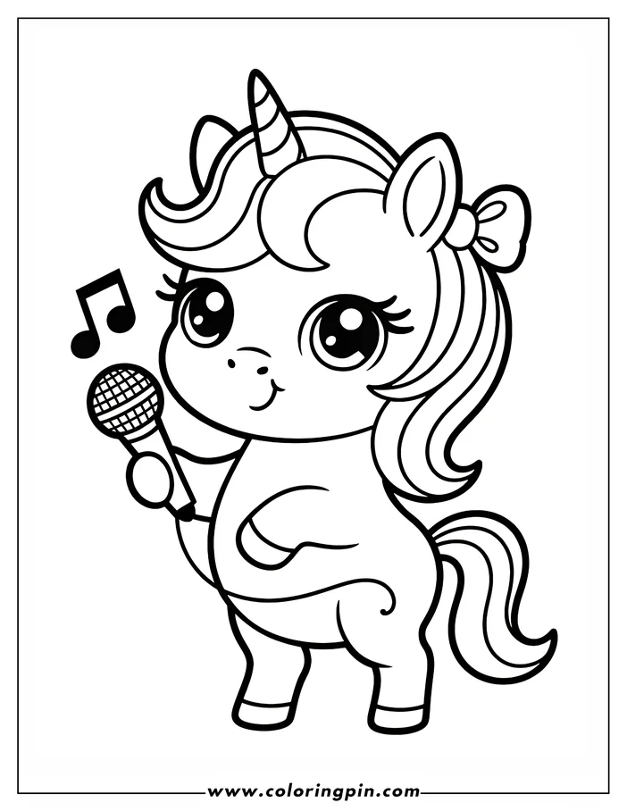 Line art of a kawaii unicorn singing into a microphone.  The unicorn has a striped horn, large eyes, and a bow tied in its mane.  Musical notes float beside it, ready for coloring.