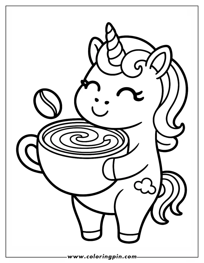 Simple line art of a kawaii unicorn holding a large cup of coffee, a coffee bean floating above. The unicorn has closed eyes and a content expression. This is a coloring sheet design, ready to be printed and colored.