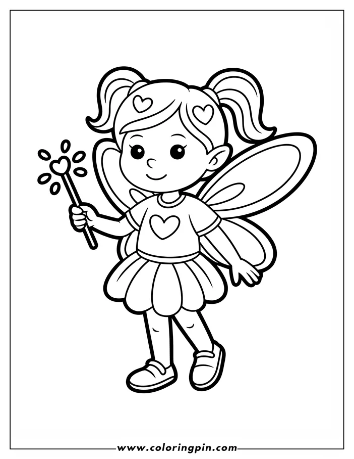 Line art of a Valentine's Day fairy holding a heart-topped wand. She has wings, pigtails adorned with hearts, and wears a dress and shoes. A small heart is on her shirt, emphasizing the Valentine's theme. Ready for coloring.