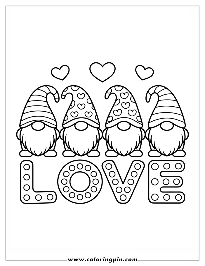 Line art of four Valentine's Day gnomes. Two have striped hats and two have heart-patterned hats. They all have long beards, and the word "LOVE" with circles in the lettering is below them. This is a design for a coloring sheet.