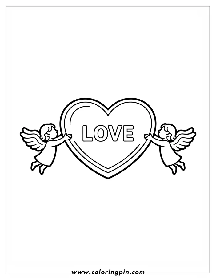 Line art of two angels holding a Valentine's Day heart with "LOVE" written on it, a simple design for a coloring page.