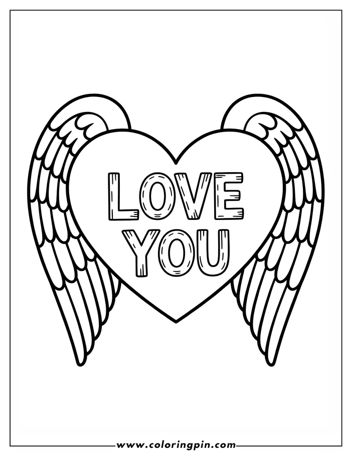 Line art of a Valentine's Day heart with wings. The heart has the words "LOVE YOU" written on it, perfect for a coloring activity.