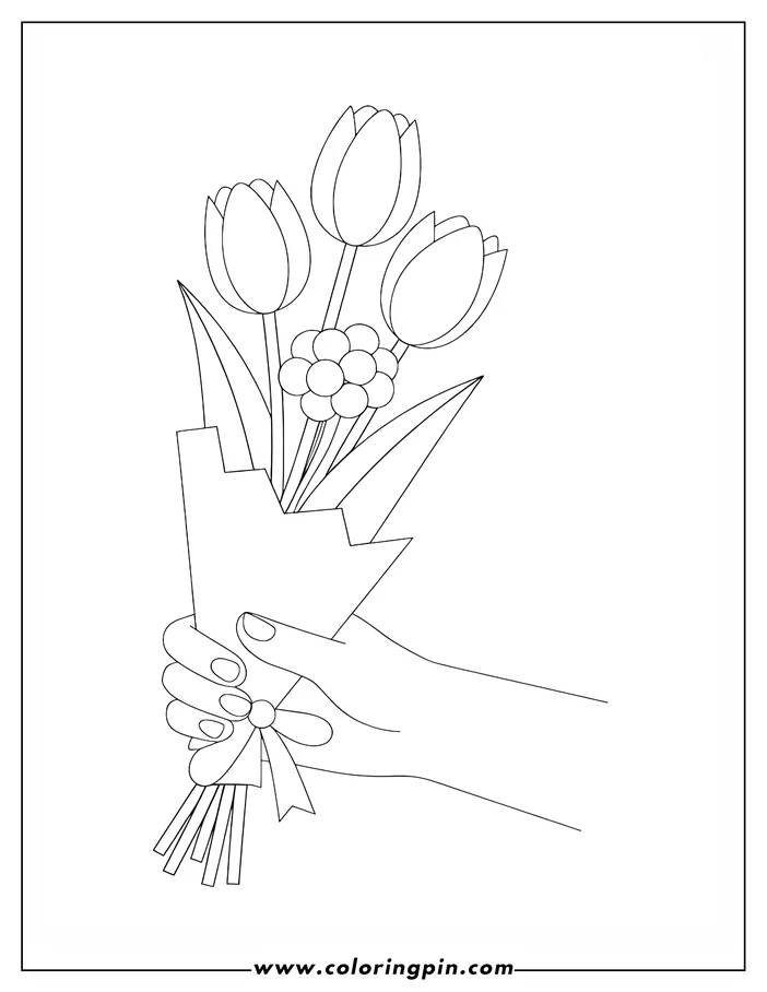 Line art of a hand holding a Valentine's Day bouquet of tulips and small round flowers. The bouquet is wrapped and tied with a ribbon, creating a simple yet elegant design suitable for a coloring page.