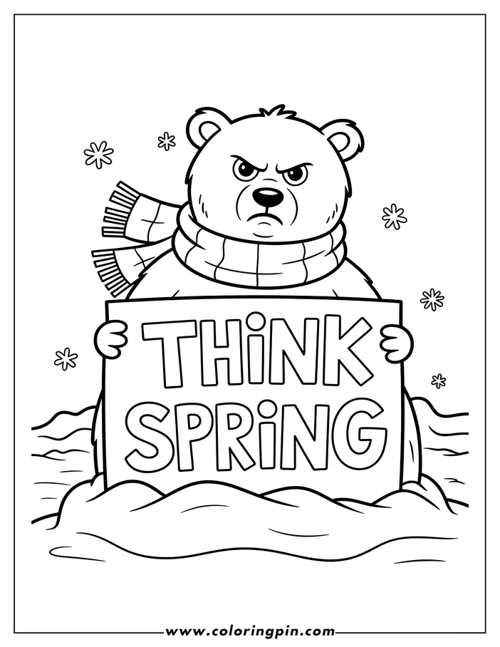 Line art of a bear wearing a winter scarf, holding a sign that says 'THINK SPRING,' surrounded by snowflakes in a snowy landscape. A coloring sheet design perfect for winter.