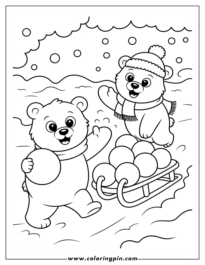 Line art of two bears enjoying a snowy winter day. One bear pulls a sled piled with snowballs while the other rides on top.  Both bears wear winter accessories. This is a coloring sheet design.