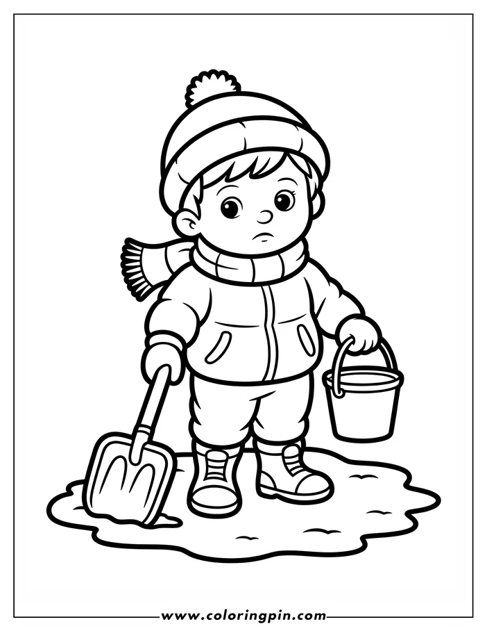 Line art of a boy dressed in winter clothes, including a hat, scarf, jacket, and boots. He's holding a shovel and bucket, standing near a patch of snow. This is a coloring page design.