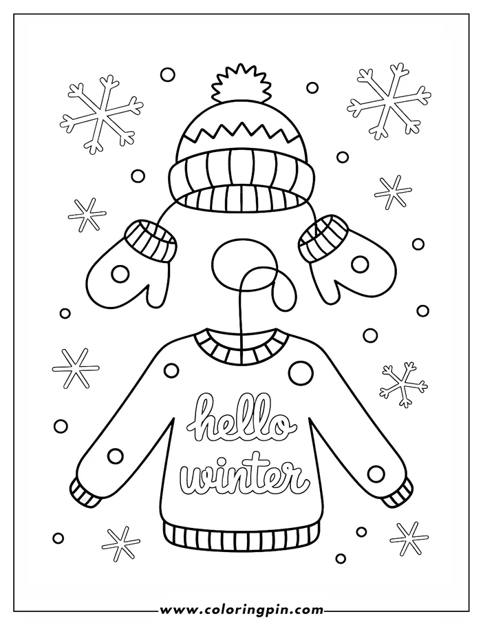 Line art of winter clothing items, including a sweater with "Hello Winter" written on it, a knitted hat with a pompom, and mittens. Snowflakes and circles decorate the background, creating a winter scene perfect for coloring.