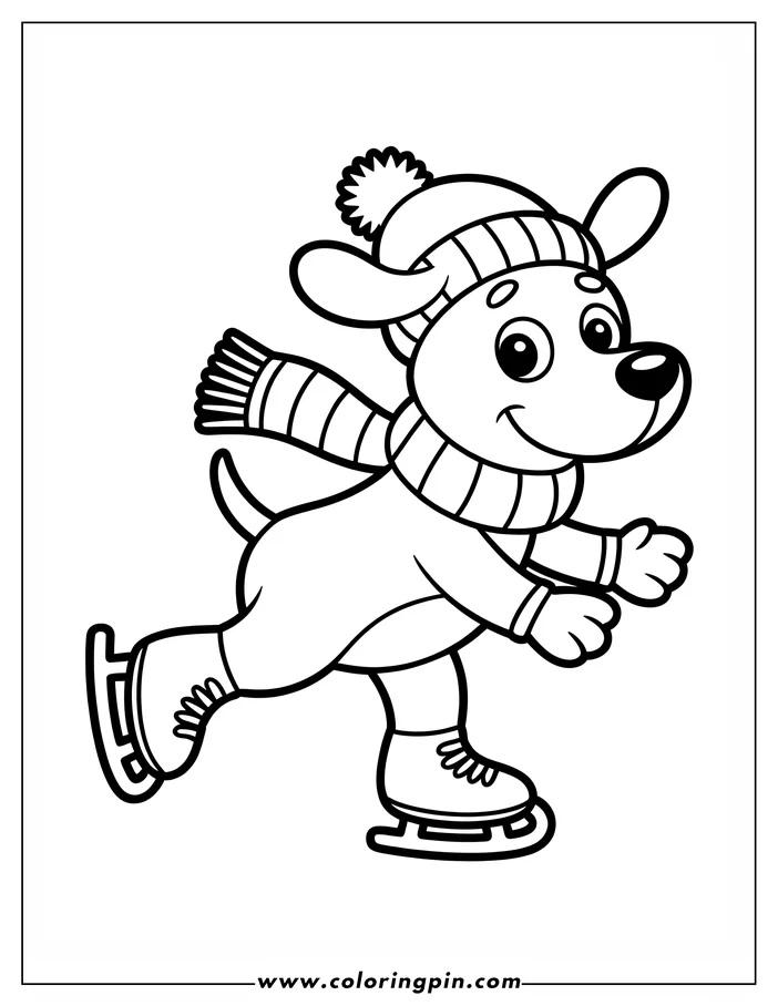 Line art of a dog wearing a winter hat, scarf, and mittens, ice skating. This coloring page design is perfect for a winter activity.