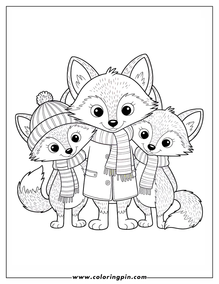 A coloring sheet design of three foxes dressed in winter clothing. The center fox wears a coat and striped scarf, while the two on either side wear striped scarves and one has a winter hat. All three have large, friendly eyes and seem to be enjoying the chilly weather. 