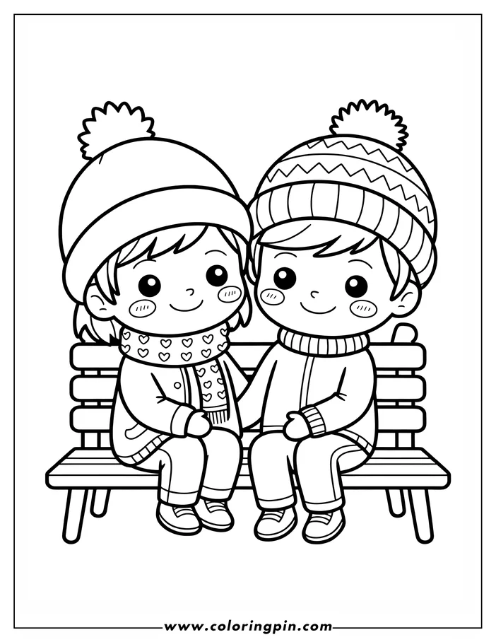 Line art of two children, bundled in winter clothes, sitting on a park bench. They wear hats, scarves, and warm jackets. This is a coloring sheet design.