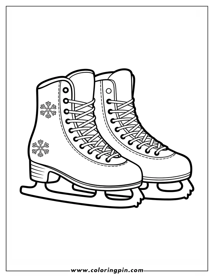 Line art of a pair of ice skates, detailed with laces and snowflake decorations, designed as a coloring sheet for winter-themed activities.