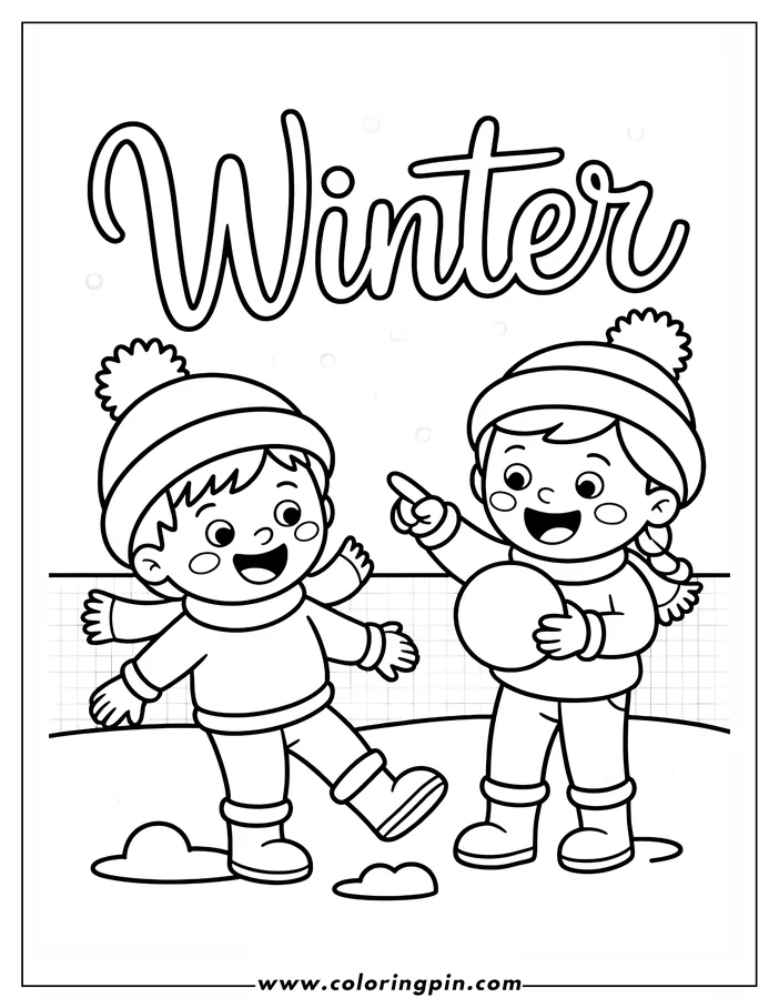 Line art of two children in winter clothes. One child holds a snowball and the other is kicking snow, a coloring sheet design.