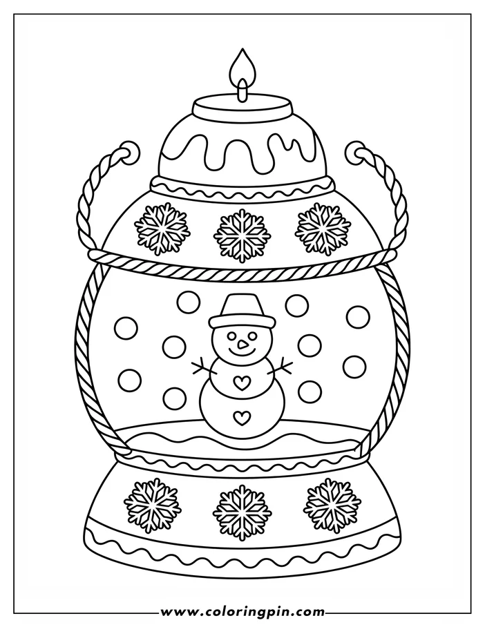 Line art of a winter lantern coloring page. The lantern features a snowman inside with falling snow, decorative snowflakes on the lantern's exterior, and a twisted rope handle. It's a festive design ready for coloring.
