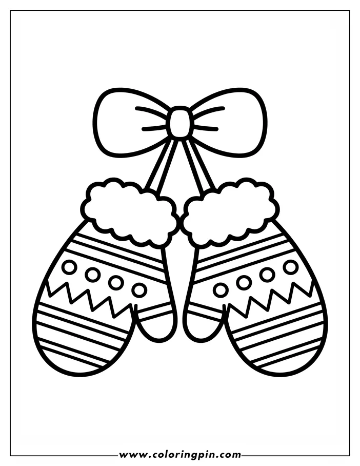 Line art of a pair of winter mittens tied together with a festive bow, ready for coloring. The mittens have striped and patterned cuffs, suggesting a warm and cozy winter scene.