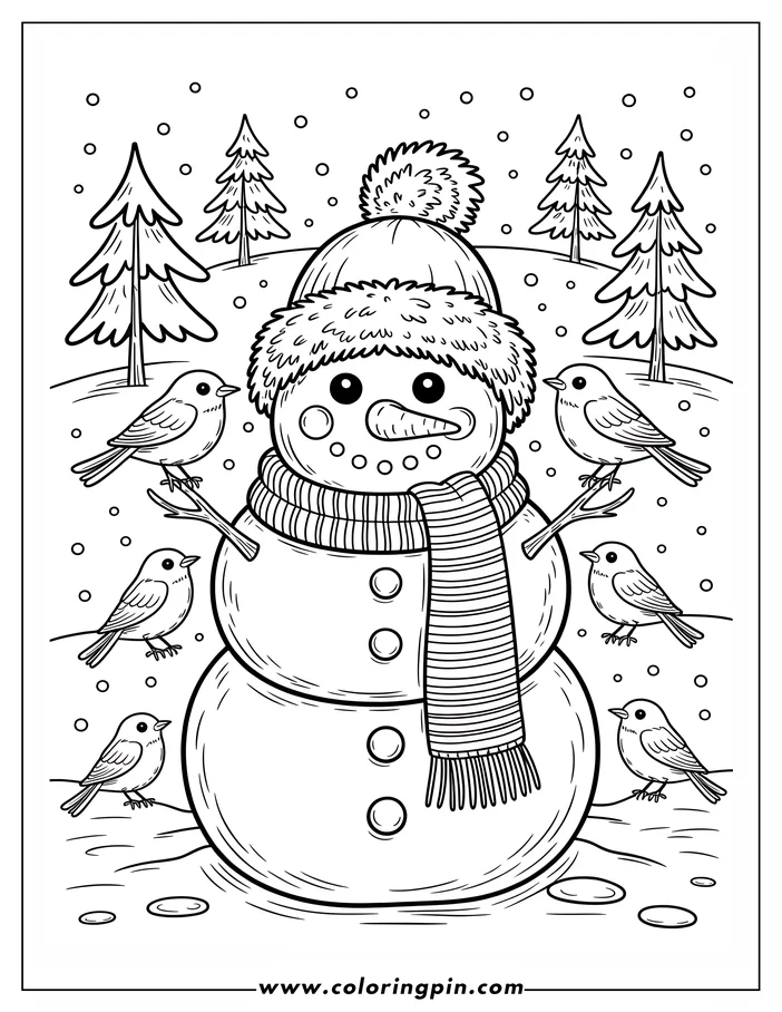 Line art of a winter scene with a snowman wearing a hat and scarf, surrounded by small birds perched on its stick arms and on the snowy ground. Perfect coloring sheet design for a winter project.
