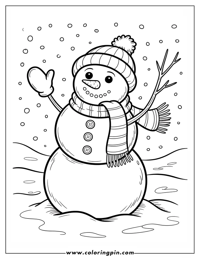 Line art of a cheerful snowman waving, dressed for winter in a hat, scarf, and mittens, with snowflakes falling around him. A simple winter scene coloring page design.