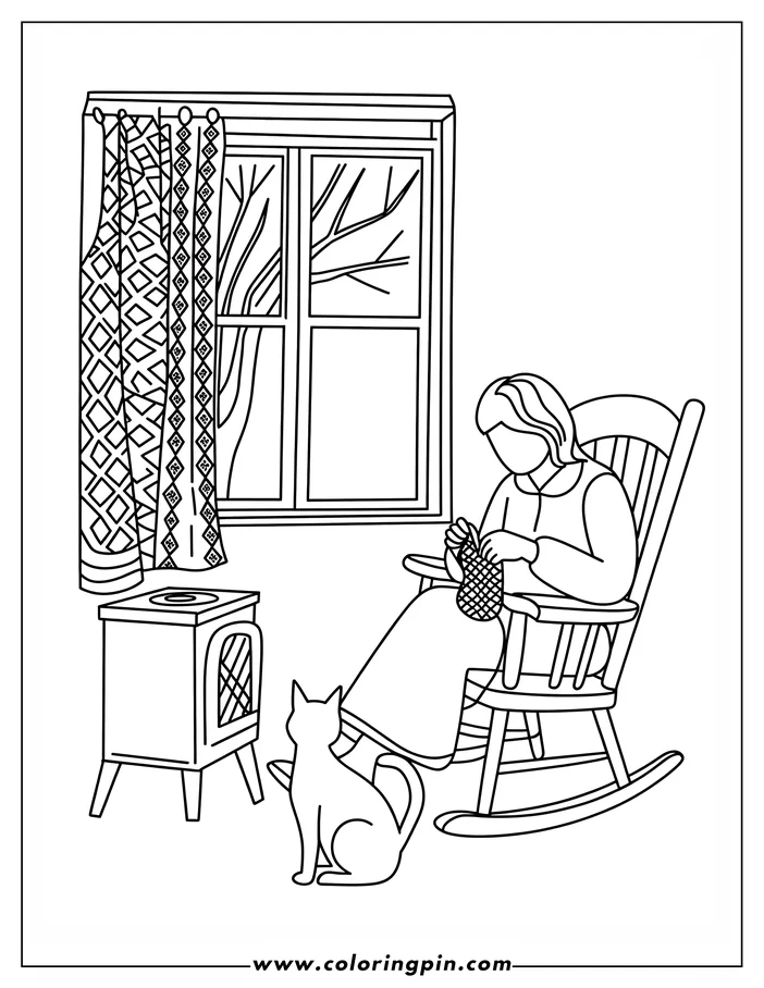 Outline of a woman knitting in a rocking chair by a fireplace, with a cat sitting nearby and a winter scene visible through the window.
