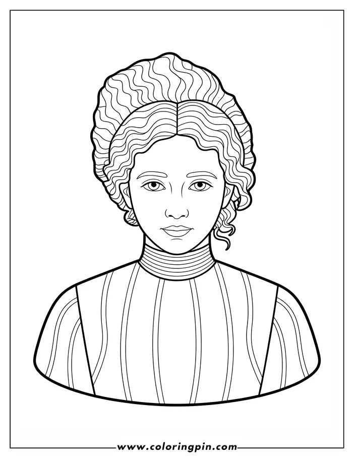Line art drawing of a woman from the shoulders up. She has curly hair pulled up and is wearing a high-collared shirt.