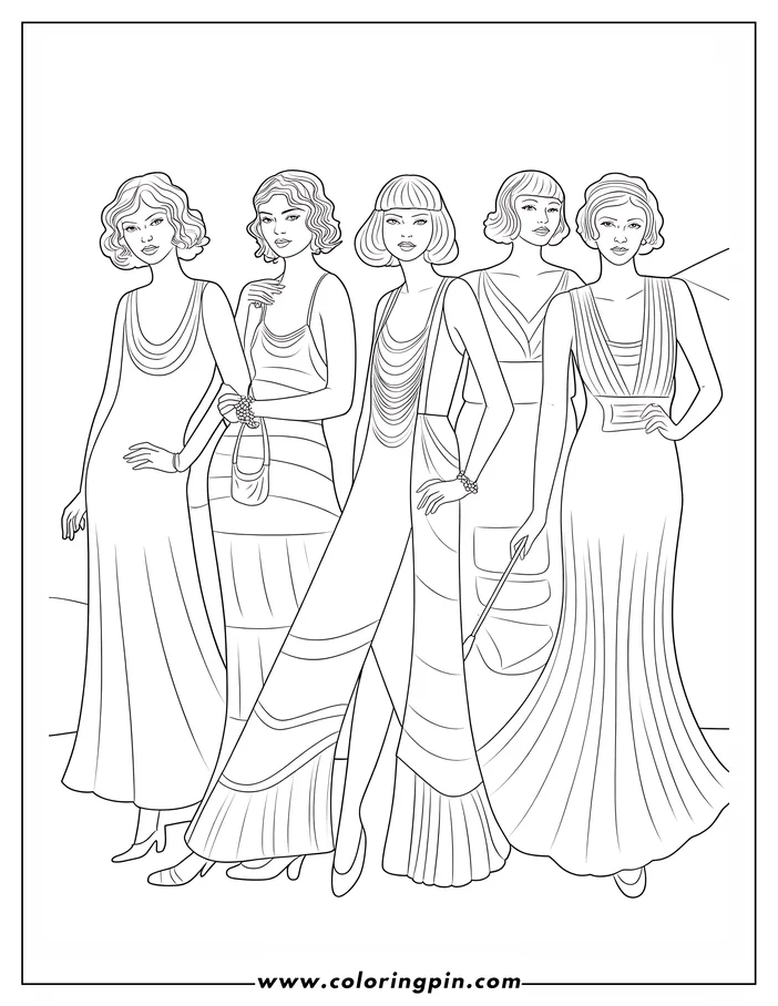Line art of five women in elegant 1920s style dresses and period hairstyles