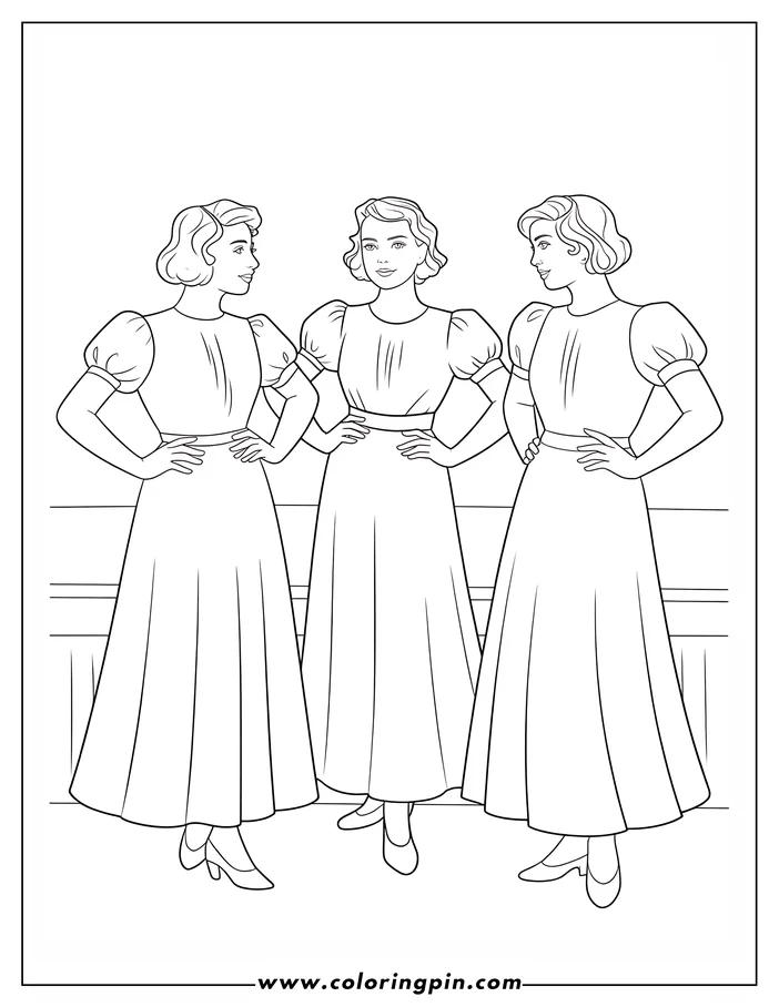 Three women in long dresses stand together, hands on their hips.