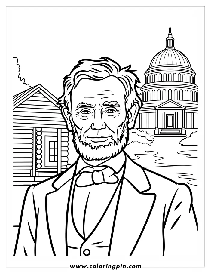 Line drawing of Abraham Lincoln with the White House and a log cabin in the background. He's dressed in a suit and tie.