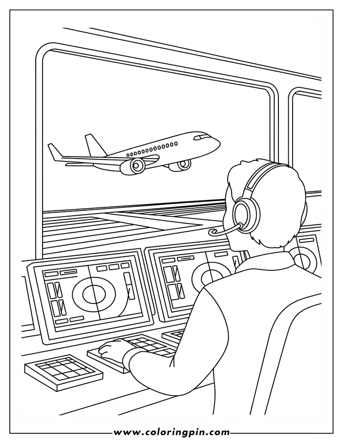 An air traffic controller with a headset monitors a departing airplane from the control tower.