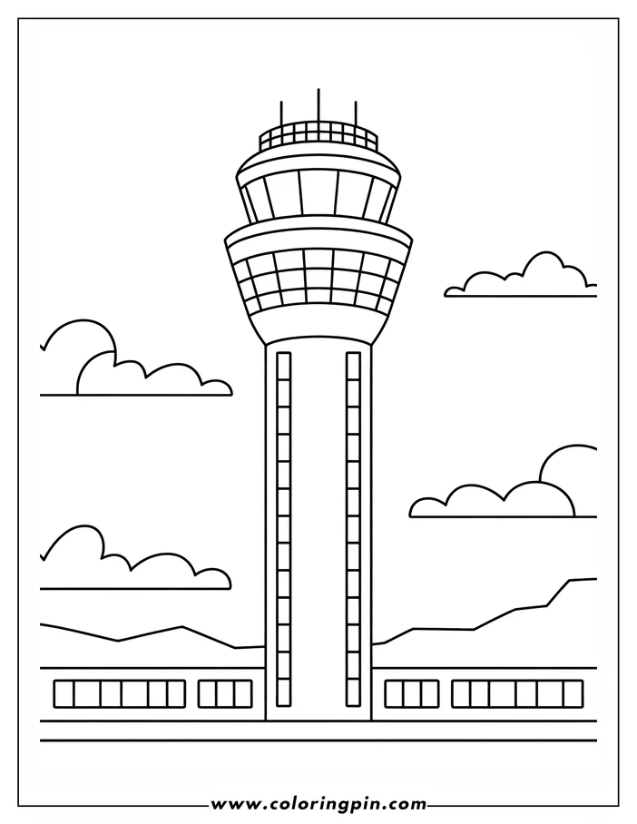 Outline of an airport control tower with clouds and terminal buildings.