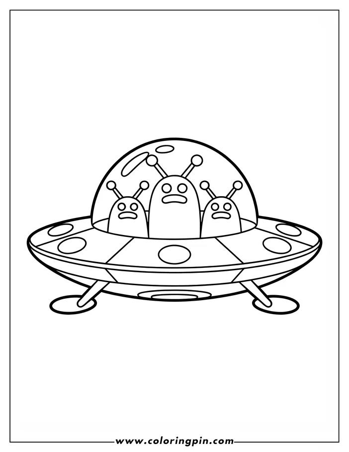 Outline of three aliens inside a spaceship, visible through a clear dome on top of the saucer-shaped craft.
