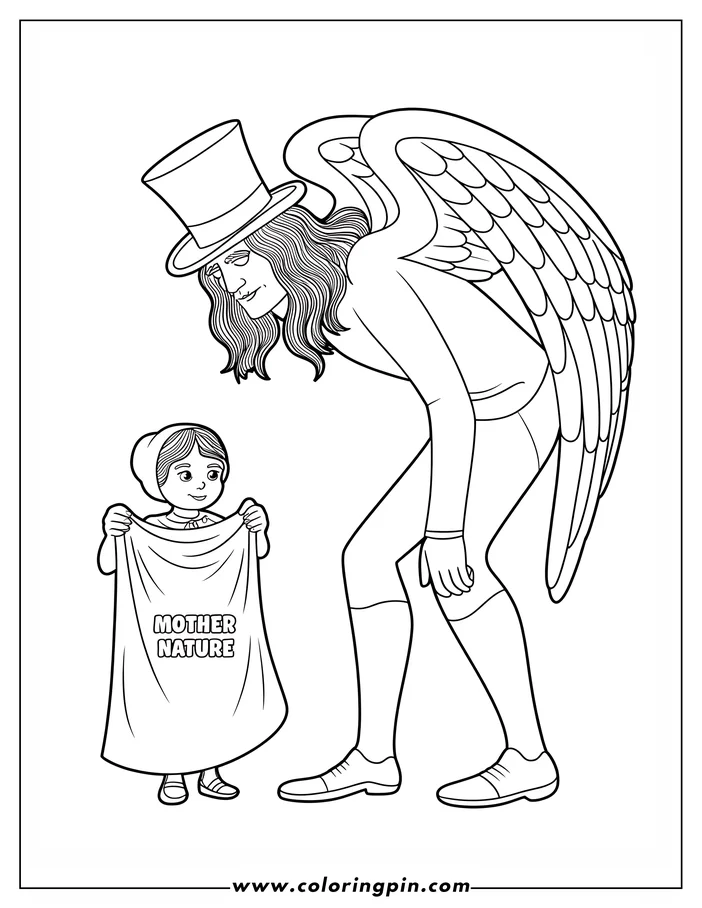 Line art of an angel with large wings wearing a top hat next to Mother Nature holding a cloth that says her name on it.