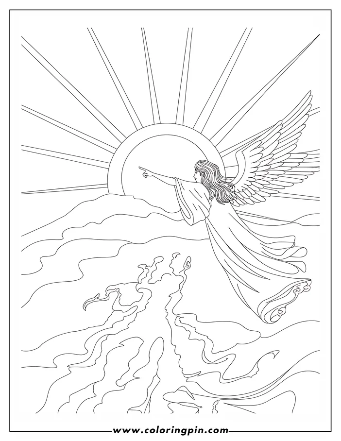 Line art of an angel with outstretched wings, pointing towards the sun above a cloudscape.